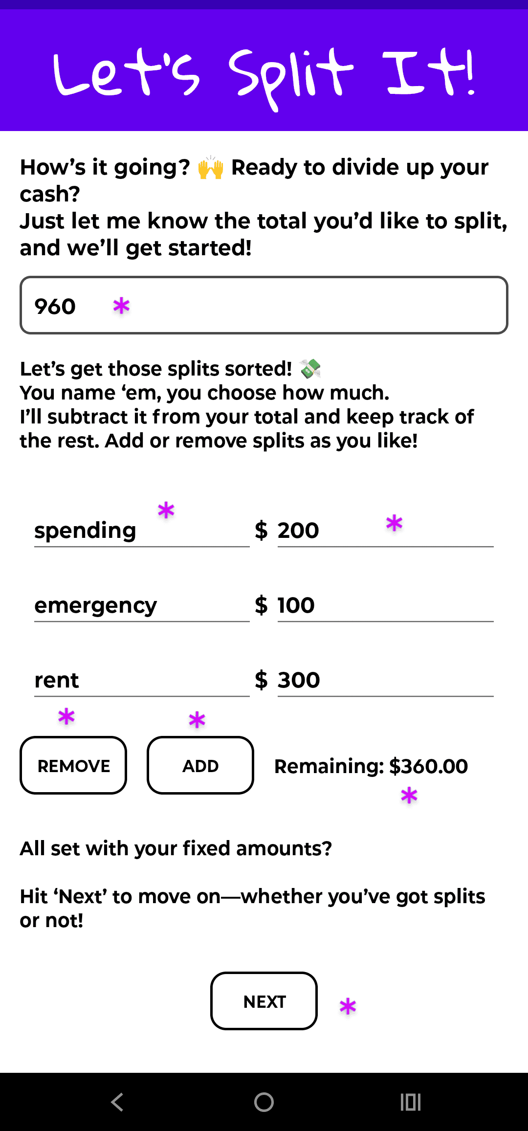 Steps to fill out the fixed dollar amount splits on the Let's Split It! app